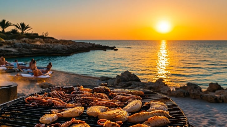 Enjoy a beachside seafood barbecue.